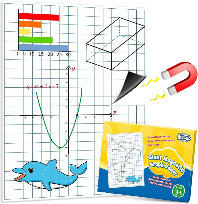 Aizweb Giant Magnetic Graph Paper,Dry Erase Grid Graphing for Classroom Whiteboard Accessories,Chart Paper Teacher Must Have Homeschool Teaching Supplies,Teacher Essential,21.5" x 16.5" - Image 1